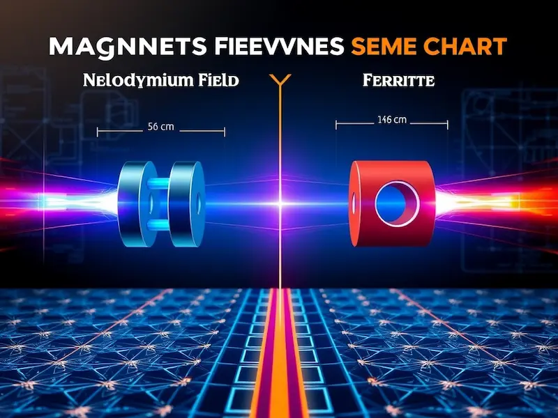 Visual comparison chart showing magnetic field strength and size differences between neodymium and ferrite magnets